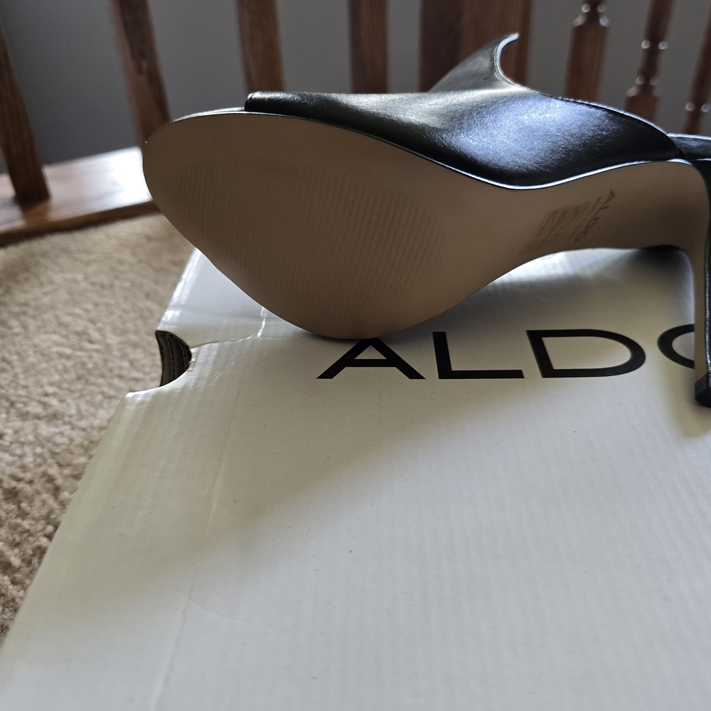 Aldo Black Stiletto Mules Sleek Peep-Toe Design - Picture 4 of 5